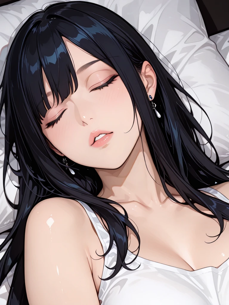 ((mejor calidad)), ((Obra maestra)), (detallado), cara perfecta, Joven de cabello negro largo y lacio, ojos rojos, pale skin, asian factions, 19 years, esbelta, busto mediano, bonitas curvas, estilo anime, elegante, only character in the image, sleeping time, red eyes, in bed, waiting for you, cute face, sexy, black hair, nightgown, bare chest, lingerie 