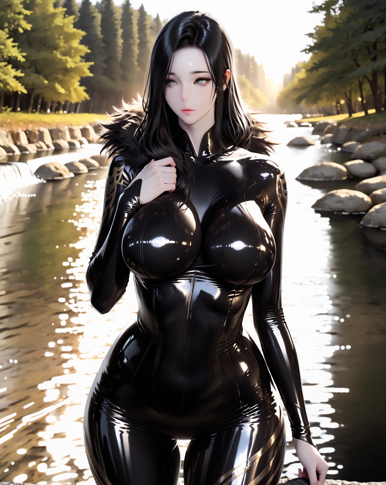 anime girl with cat ears and black lingersuit posing for a picture, seductive anime girl, hyperrealistic , beautiful alluring anime woman, 3d anime girl, attractive anime girl, seductive. highly detailed, anime highly detailed, , beautiful alluring anime , anime girl, a hyperrealistic , photorealistic anime girl render, yuri, cleavage, Mesmerizing eye contact, wooden floor, realistic, black hair, Watercolor touches, glitter lingersuit, amber eyes, big_natural_breasts, sagging_breasts, medium_breasts, Busty Milf, kneeling_forward, large_breasts, nsfw, bioluminescent lingersuit paint, night sky, full moon, hand on own head, waterfall, bioluminescent black hair
