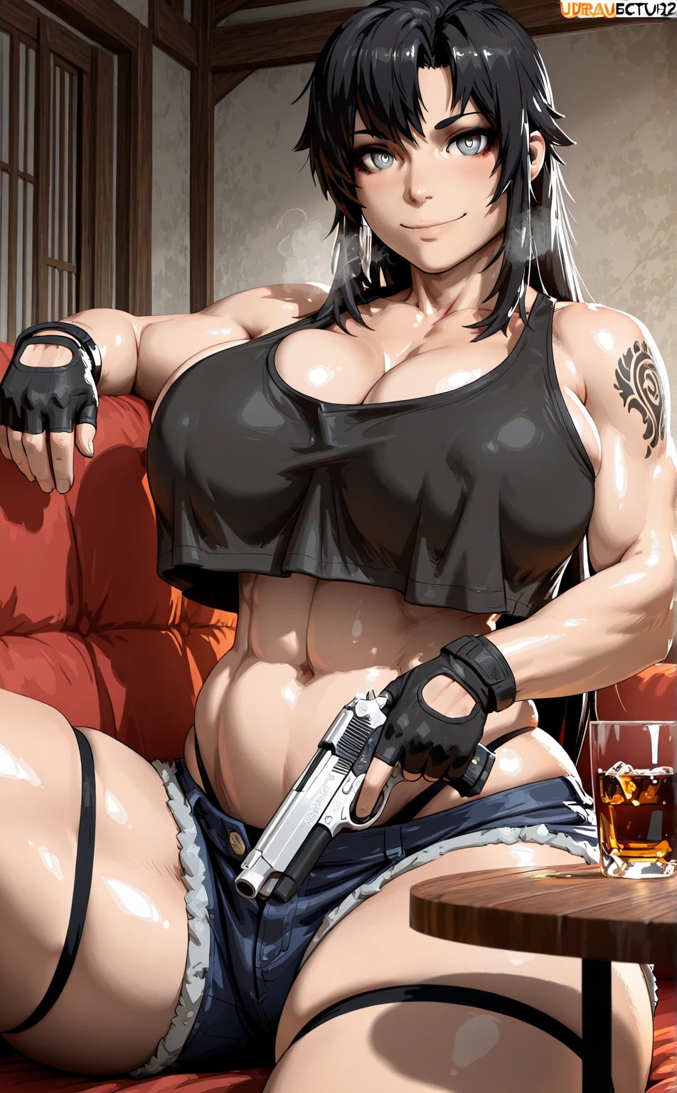 , Stopu42, (anime coloring, anime screencap), shiny skin, (kunaboto-style:1.2), ((anatomical correct)), ((Cinematic, unreal engine, eye-catching, ambient occlusion, UHD, masterpiece)), ((soft shadow)), perfect body, perfect, perfect fingers, gasping, heavy breathing, gasping profusely, ((skindentation)), ((curvy)), hiratsuka shizuka, long hair, black hair, grey eyes, bright pupils, plump, 1girl, weapon, gun, breasts, gloves, solo, holding_weapon, handgun, shorts, holding, denim_shorts, holding_gun, denim, underwear, navel, fingerless_gloves, panties, sitting, crop_top, looking_at_viewer, cleavage, smile, beretta_92, muscular_female, thighs, black_gloves, black_panties, alcohol, midriff, tank_top, short_shorts, cup, tattoo, ((overhang)), bare_shoulders