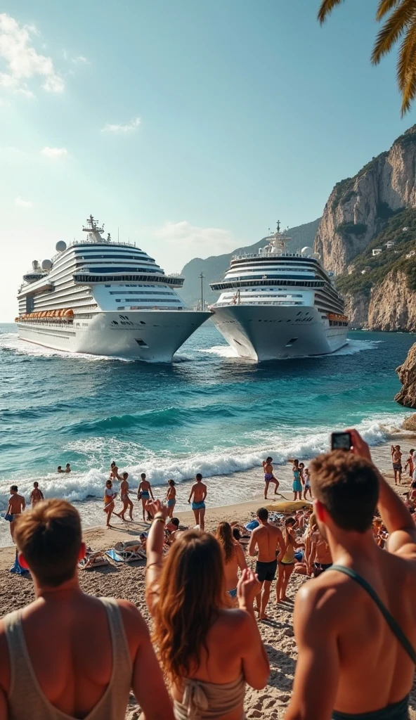Global perspective,There are a lot of little girls playing in bikinis near the super large cruise ship
