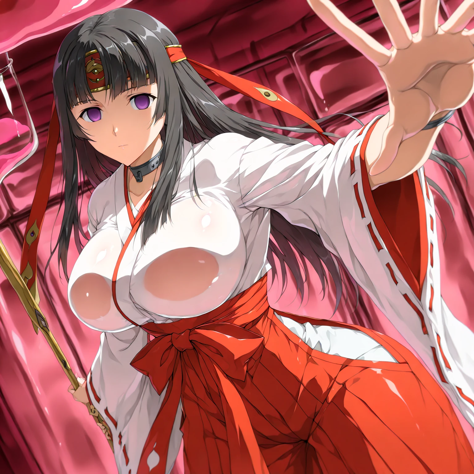 (masterpiece, best quality:1.2), 1girl, solo, katana, hakama, miko, large breasts, cum on face, angry, blush, cleavage,