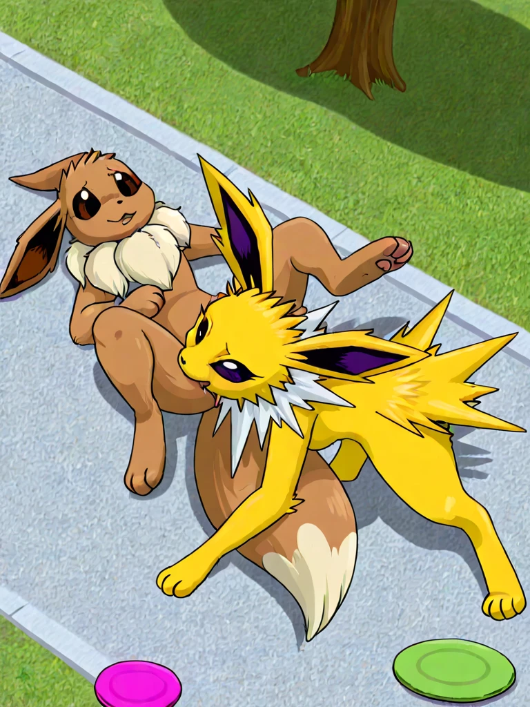 Trio, score_9,score_8_up,score_7_up, source_cartoon, source_furry, (a female anthro furry flareon), and an (Anthro furry female jolteon), and an (Anthro furry vaporeon), tall slender bodies, naked, medium breasts, thick thighs, trio, outdoors, pov, pov they are sucking and licking viewers cock, cock worship, human viewer,