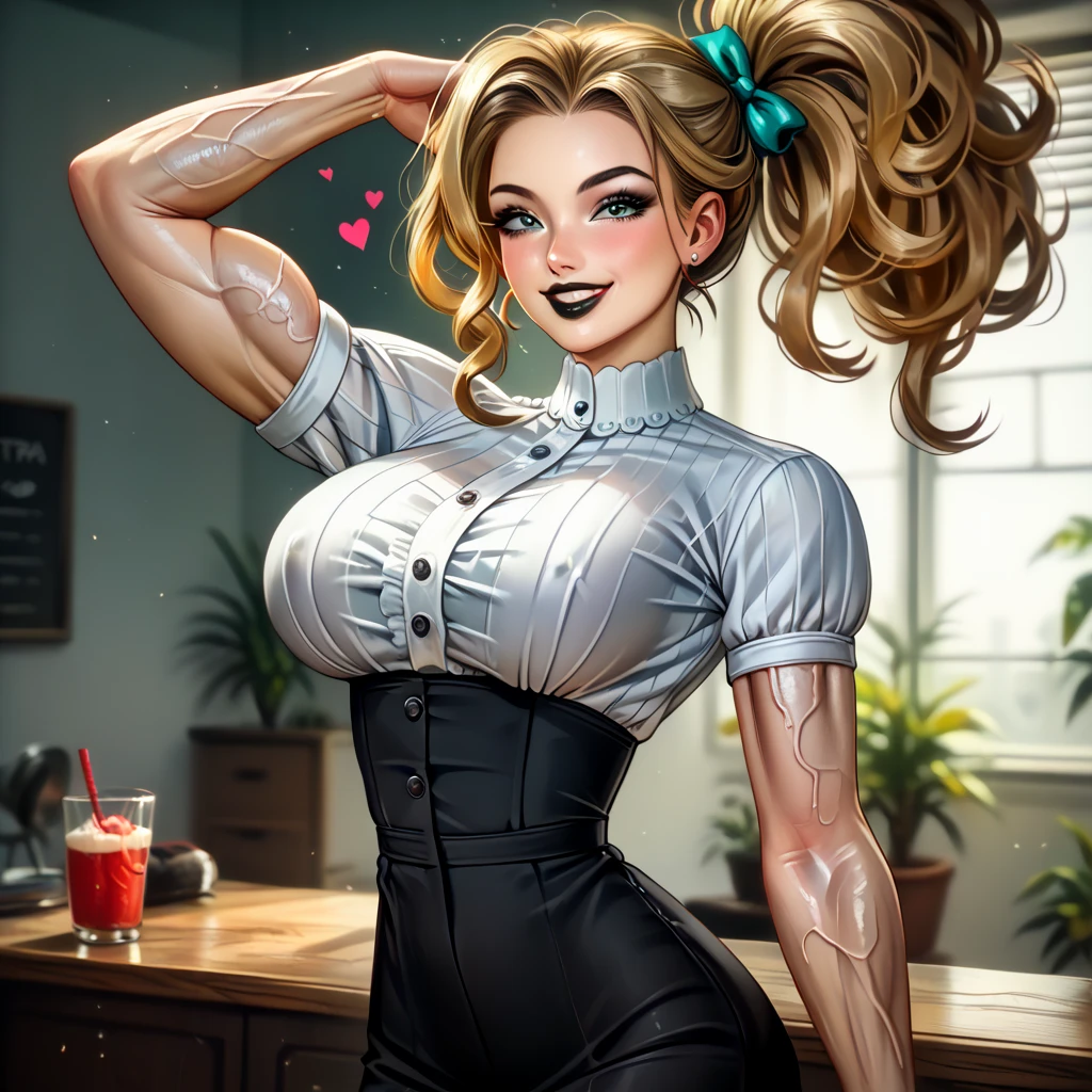 (masterpiece, best quality:1.2), solo, 1girl, starandstripe, muscular, smile, looking at viewer, holding tray, antenna hair, playboy bunny, leotard, black pantyhose, indoors <lora:mha_starandstripe:1>