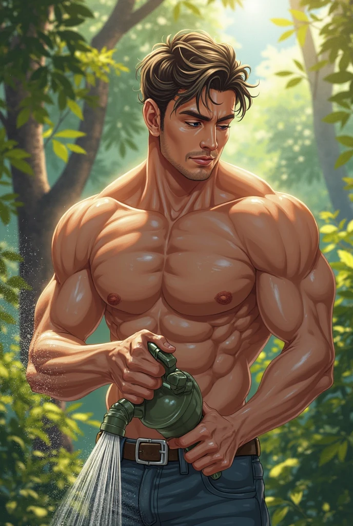 Kevin Sloan style..., Bright color palette. Beautiful horse, 8k resolution, full body, handsome, In the artistic style of norman rockwell, splendid naked, thin and ripped body, detailed realistic muscles, swimming suit, 20 years old. full body, male model. black hair, green eyes, male gaze. handsome. bodybuilder swimsuit pastoral and idyllic landscapes., romanticism, symbols and metaphors. Beautiful details, quirky, distinctive images, stylistically diverse painting, Intricate details