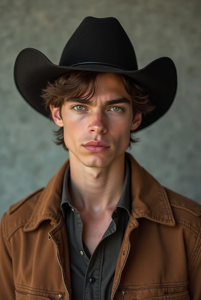 <lora:Austin_GV:1> 18 years old, handsome, brown hair, side-burns, hazel eyes, cowboy hat, portrait