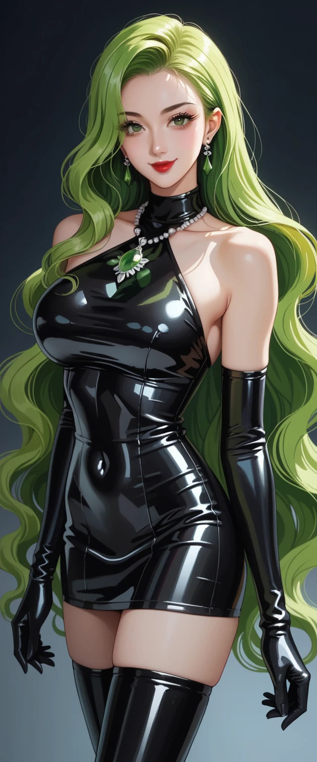 1 Girl, Medium Breasts, Half Orange Hair And Half Lime Green Hair, Split Hair Color, Two Hair Colors, Lime Green Eyes, Nice Eyes, Long Hair Style, Freckles, Nice Lips, Nice Nose, Pale White Skin, Smooth Skin, Uncaring, Sexy, ?????, Tight Black Latex Outfit