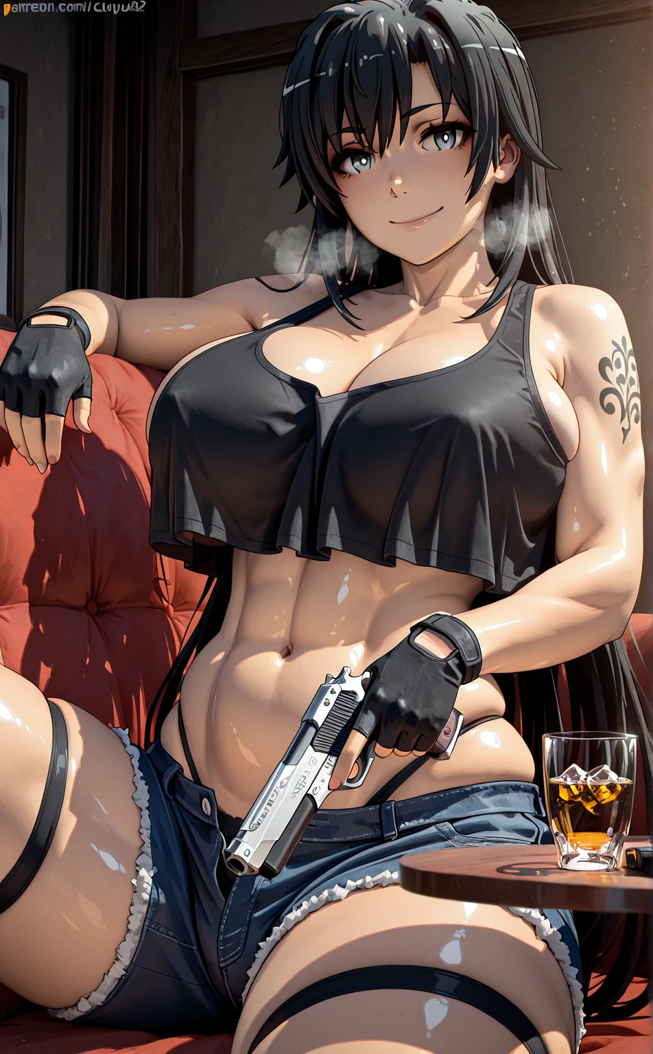 , Stopu42, (anime coloring, anime screencap), shiny skin, (ore no seishun love come wa machigatteiru-style:1.2), ((anatomical correct)), ((Cinematic, unreal engine, eye-catching, ambient occlusion, UHD, masterpiece)), ((soft shadow)), perfect body, perfect, perfect fingers, gasping, heavy breathing, gasping profusely, ((skindentation)), ((curvy)), hiratsuka shizuka, long hair, black hair, grey eyes, bright pupils, plump, 1girl, weapon, gun, breasts, gloves, solo, holding_weapon, handgun, shorts, holding, denim_shorts, holding_gun, denim, underwear, navel, fingerless_gloves, panties, sitting, crop_top, looking_at_viewer, cleavage, smile, beretta_92, muscular_female, thighs, black_gloves, black_panties, alcohol, midriff, tank_top, short_shorts, cup, tattoo, ((overhang)), bare_shoulders