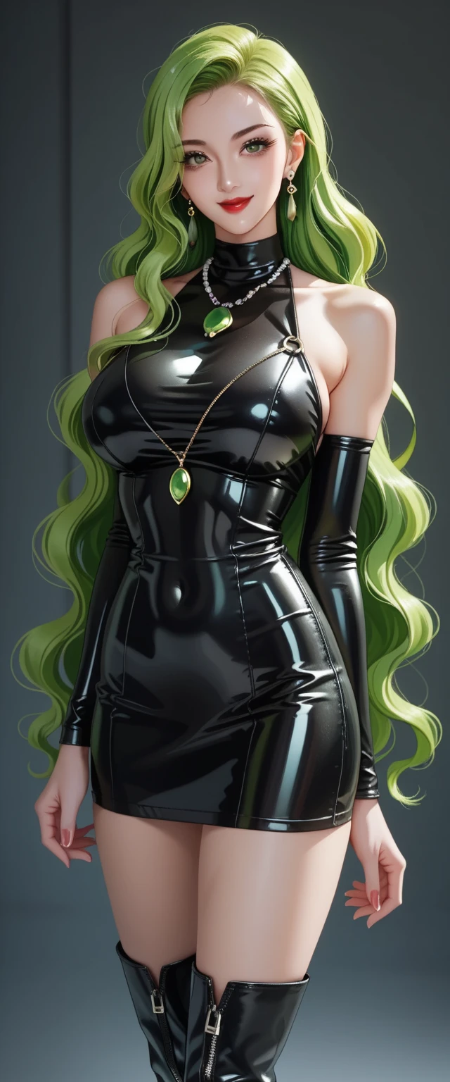 masterpiece, 1girl, mature female, best quality, (cleavage:0.2), (gigantic breasts:1.0), big eyes, (curvy:0.8), caustics, (sunbeam:0.8), blonde hair, gradient hair, heterochromia, yellow eye, green eye, (pink:1.2) latex hat, black latex thighhighs, horns, open mouth smile, one eye closed, lucoa, latex clothing, shiny clothing, oiled clothing, oily clothing, rubber clothing, latex dress, squating, 3d style, blender, latex skin, latex hair, rubber hair, shiny rubber hair, single piece rubber hair, thigh high boots, standing,fully in view, hands clasped behind hips, rubberized, dollified, shiny rubbery hair, latex hair, shiny hair, black dress, visible panties, crotch shot, platform heels, lipstick, bimbo lips, mascara, makeup, purple eyeshadow, panty bulge, crotch bulge, futa bulge, rubber Lucoa,