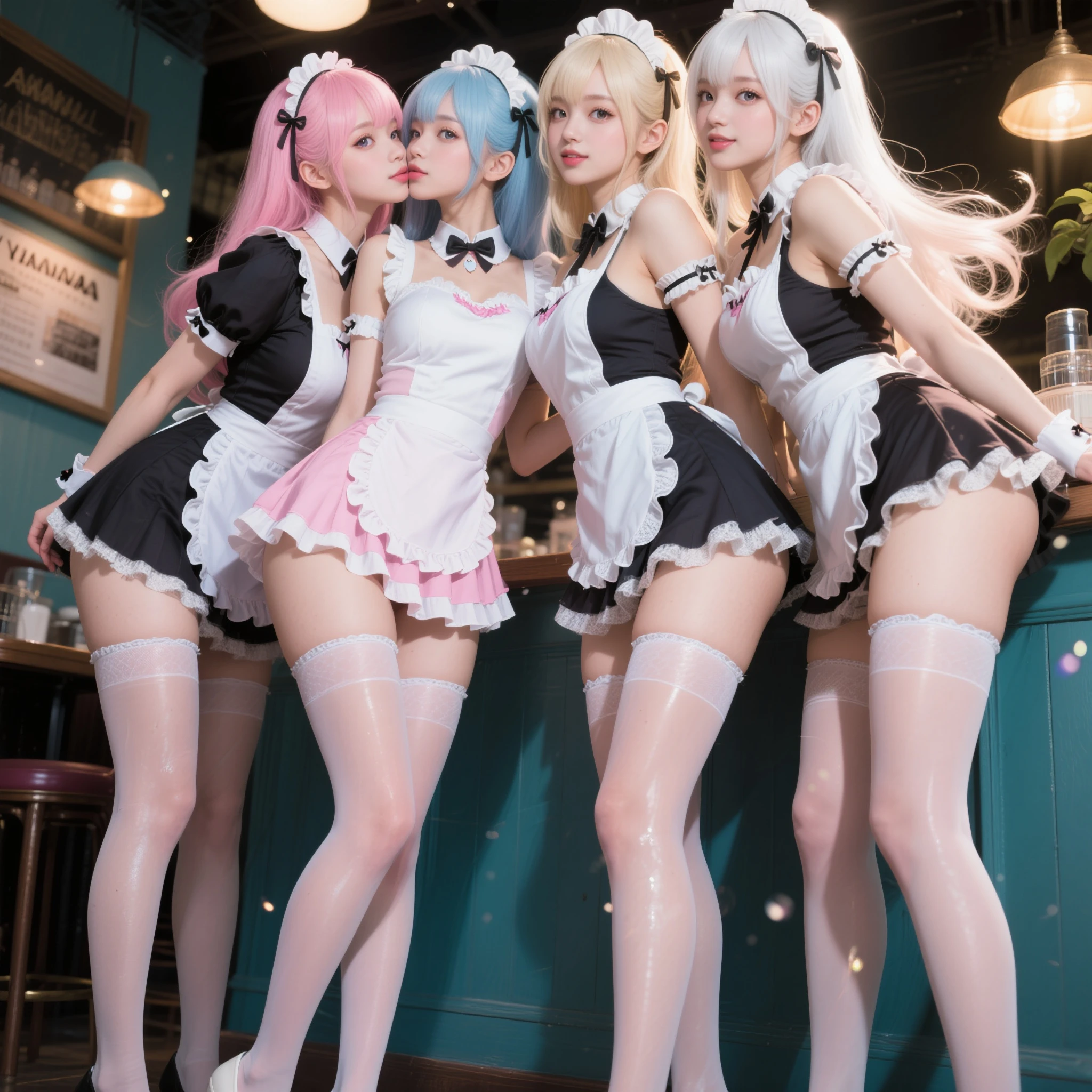 ((masterpiece, highest quality, High resolution, 超High resolution, Perfect Pixel, Depth of written boundary, 4K, RTTX 10.0, High resolution))), (Four adult women:1.3), Beautiful Anime Woman, Beautiful art style, Anime characters, ((Long Hair, bangs, Dark brown hair, Various hairstyles)), ((Beautiful eyelashes)), ((Detailed face, blushする:1.2)), ((Smooth texture, Realistic texture, Anime CG Style)), Perfect body, Slender body, Exact finger count、Exact number of legs、Exact number of arms, (blush:1), (The four women are standing side by side, lifting their skirts to greet the guests.:1.2), ((Matching stylish black and white maid outfits:1.2)), (Lift up your skirt yourself:1), Realistic, Slender body, highest quality, High resolution, 非常にDetailed face, Perfect lighting, Extremely detailed CG, (Perfect hands, Perfect Anatomy), Embarrassed expression, (School classroom, Maid cafe decorations for school festival, Attracting customers, Welcome back husband:1.3), Morning sun-like lighting, whole body, ((Stylish and sexy shiny white satin panties, The panties are simple in the center and have lace decorations on the sides., garter belt, Knee socks:1.2)), Angle from the front、Beautiful and thin thighs, High heels