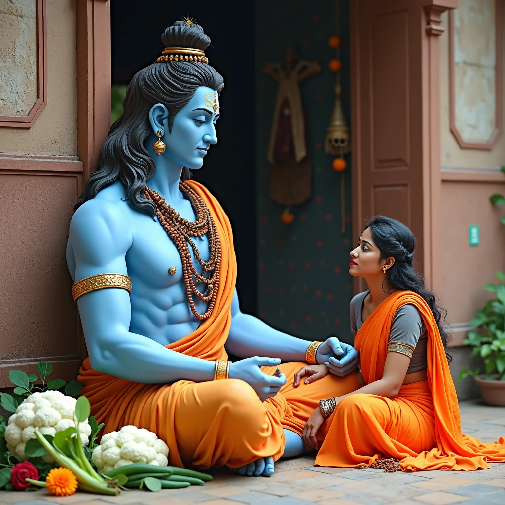 Create an AI image of man wearing white shirt and white panchey and woman wearing saree ...Both of them holding the hands beside lord Shiva statue.