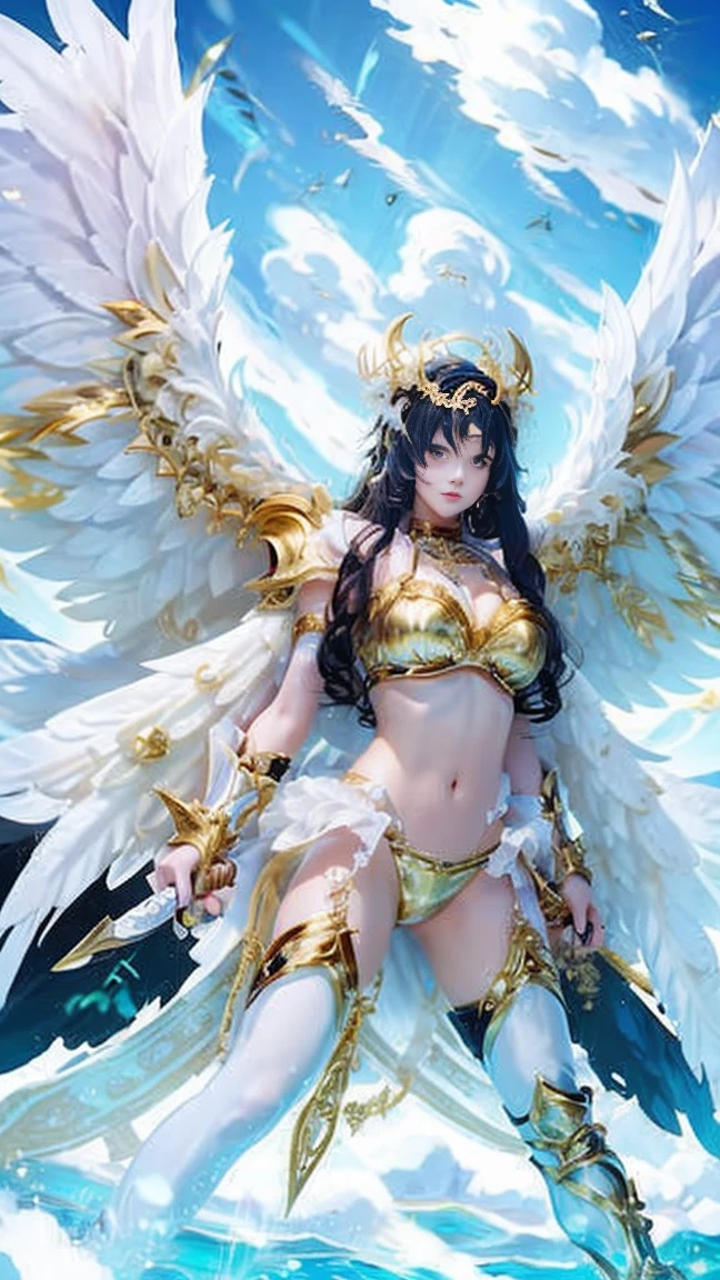 (Wearing a white micro bikini)、Professional , masterpiece、top-quality、photos realistic , depth of fields 、(A dark-haired) 、Glamorous body、(Gemstone White Metal Body:4.9),(Matte White、(Colossal tits)Particles of light、、(Random Hair Styles)、The ultimate beauty face in a micro bikini、(Angel wings grow)、Pose Seductive、Jewel Gold Weapon(Jewel Metal Body:1.4),Gorgeous metal weapons ,(( Detailed and gorgeous sword of the brave)) ,Mystical expression、Light Effects、intense fighting、Wind-effect、 (A dark-haired) ,Wearing micro-bikini ,Detail and ornate jewel crown、((Micro Bikini Armor))、((Gangle's forest background))、Beautiful Caucasian beauty、1a person、dynamic ungle,(((Detailed and ornate diamond crown)))、Smaller head、A smile、Background inside the castle、Thin and beautiful female hands、Mystical expression、Light Effects、intense fighting、With the legendary magic wand、、Toostock、Anatomically correct body、