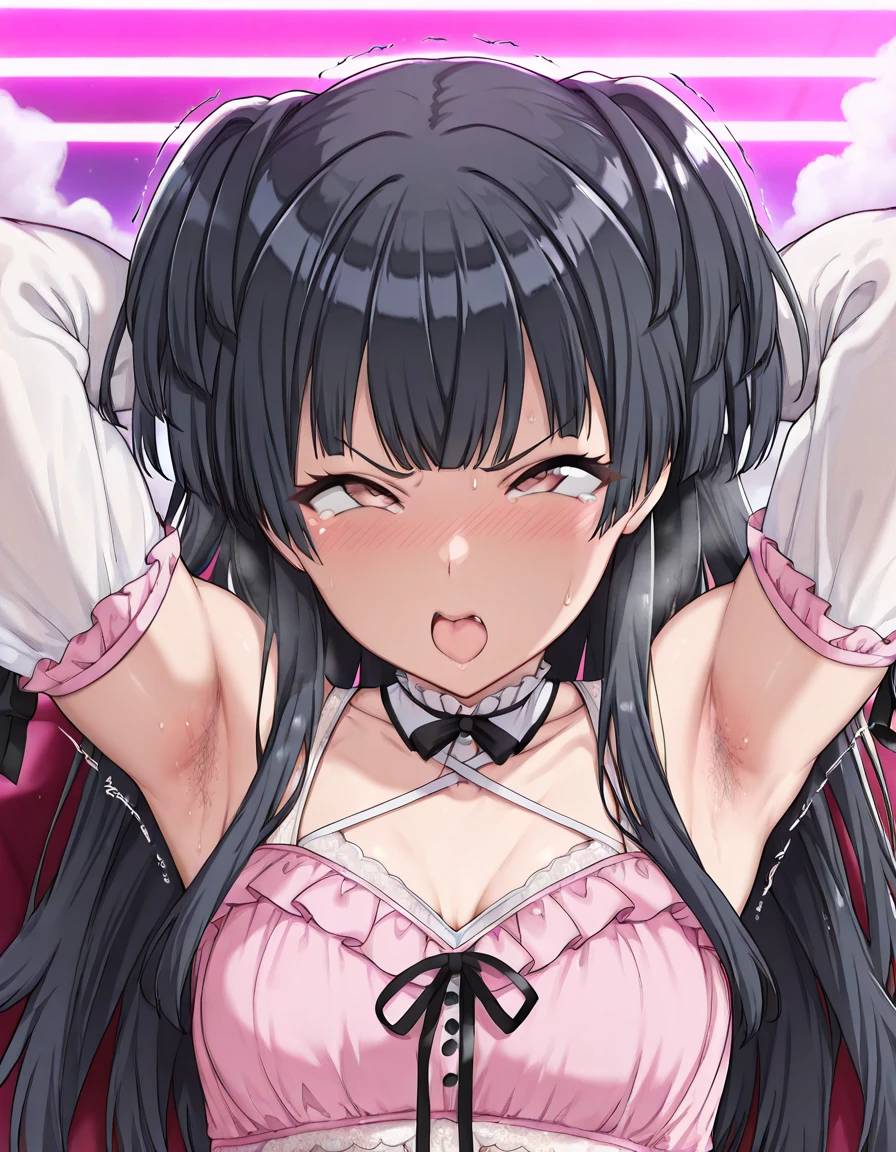 looking ahead,from above,slouch,handjob,side view,face focus,open mouth,tongue out,cum on tongue,Licking the penis,(1girl,Beautiful 14 year old girl),((Slender,Small breasts,Baby Face,Small face,)),looking at viewer,Black Hair,bangs,two side up,Gray Eyes,Drooping eyes,slit pupils,narrow eyes,Sheer black and dark pink negligee,Collar with leash,Beautiful and detailed anime art,Mischievous smile,Dimly lit room,Simple Background,Gray background,Low lighting
