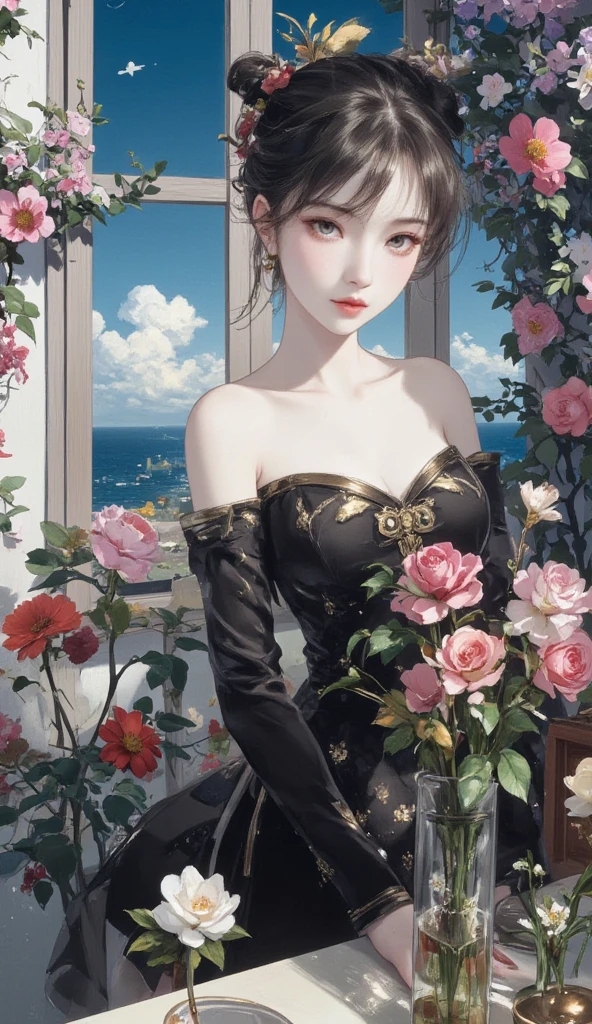 Best quality, (Masterpiece:1.2), illustration, absurdities,
(1girls, 独奏), (Chateau de Versailles, Pisa Baptistery Of St. John background, Flowers,navel,crowd people),(Beautiful detailed girl), (kawaii:0.4), 
Wang Yuanji, Blonde hair, a ponytail, Brown eyes, Large breasts, 
Aqua dress, flowery dress, Cleavage, aqua skirt, black thigh boots, thighhigh boots, High heels,
Blushlush, look viewer, 
Sitting, Cowboy shot, Full body,