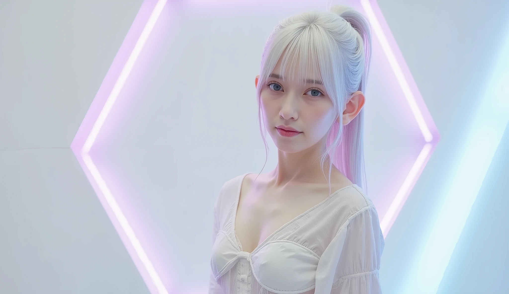 live-action, reality, Elf Girl, (Pure White Skin), (bright blue eyes), Albino Hair, long hair, high ponytail, (nsfw:1.4), (( Hologram of a Depressed Woman )), (big :1.3), (accentuate cleavage:1.3), ((Erected Nipples)), slender body, Abs, curvy body, ((beautiful, crystal clear woman )), (((((nsfw, she's completely naked 、 Covered with only a thin cloth ))))), (Geometric lines , Pink LED Neon Line ), pure white background, ultra high resolution, masterpiece, correct, 解剖学的にcorrectな, textured skin, Super Detailed, high detail, High Quality, Award winning, 最High Quality, 16 kg,