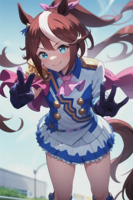(HD, Sharp), 1 girl, Super Glossy Skin, (fluttering skirt, skirt lift, white underwear:1.2), Big breast, kind smile, pov, reaching hands towards viewer, outstretched arms, sweetlip, black outfit, navel, white thighhighs, gloves
