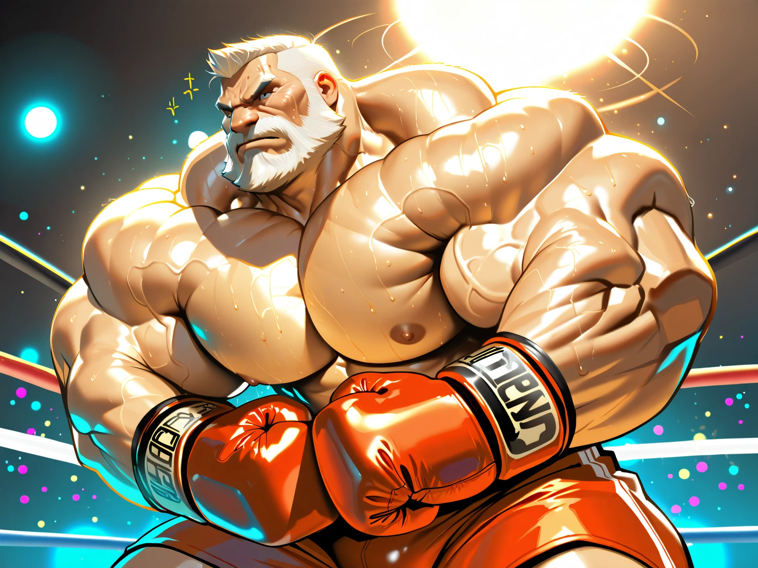 Giant 80 years old man, absurdly huge bulge, Thick pronounced grey beard, ears covered by hair, absurderes, hight resolution, 1male people, full body visible (wrestling Magazine covers:1.2), Yaoi(bara) , Stubble,clothes down, matured male, ruggedly handsome face(Graveustache, old face, beefy, thick grey eyebrow, thick eyebrows, bushy grey eyebrows, well groomed moustache, blue eyes, oily skin, sweaty, nose is very pointy, enormous nose, very large nostrils, roman nose, sharp hooked nose, old man with eagle like nose, absurdly big nose, old man, 80 years old man, wrinkles, gigantic muscular old man, enormous physique, muscle domination, very thick arms, very manly, dark brown skin, dark olive skin color, thick grey beard, Male Focus, bushy grey beard、(wearing blue latex wrestling singlet), vascular, thick thighs, large nostrils visable, wet, very sweaty, arch shaped nose, sexy, (Black skin), big bulging crotch, big crotch, latex, wrestling uniform, blue wrestling singlet, sweaty body, very hairy chest, crotch in focus, Detailed body,Ultra-detailed eyes,hyperdetailed face,(Gray hair:1.2),(All Back Hair:1.2)、(Very long grey hair:1.2),(hyper pecs:1.5),Open Claus,(Soft smile:1.2),Perfect ligthing,(flexing biceps:1.2)