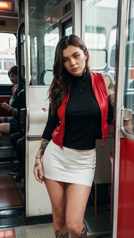 Polaroid photo, film grain, 90s style photo, Christy Mack, white T-shirt, black mini skirt, posing in a subway car, looking at the viewer,