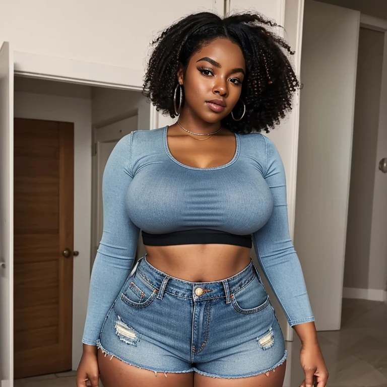 dark brown skin girl,16 years old, huge gorgeous afro hair and big eyes, Shorts, low-cut crop top, soft expression. semi realistic. flat figure