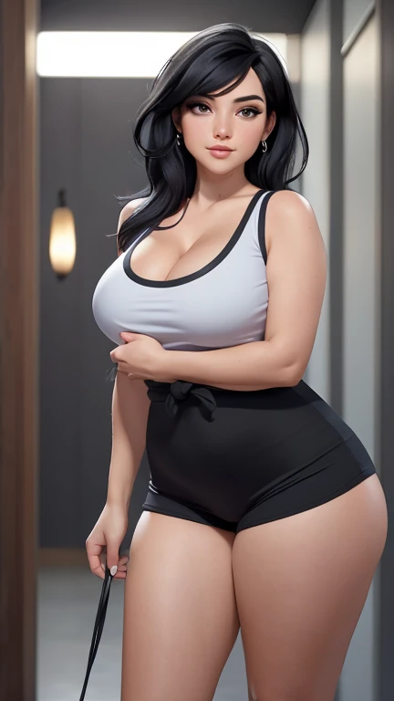 Ultra realistic, real girl, 16K, best quality, High resolution, hot atmosphere, dream atmosphere, 1 small-girl, 20 years old, Long messy black hair, cute bangs over the forehead, evil eyes, sexy eyes look, skin being illuminated, realistic shading, pale-white skin, light-grey skin, Realistic textures, wearing sexy black outfit, earrings, fit body, big natural breasts, realistic hot body, small and hot girl, seductive, sensual posture, big hips, thick legs, torn clothes, hot thick legs, white sneakers, full body, multiple sexy positions in different types of angles, blurred background, Depth, dream aesthetic, Atmosphere of dream, cinematic lighting.