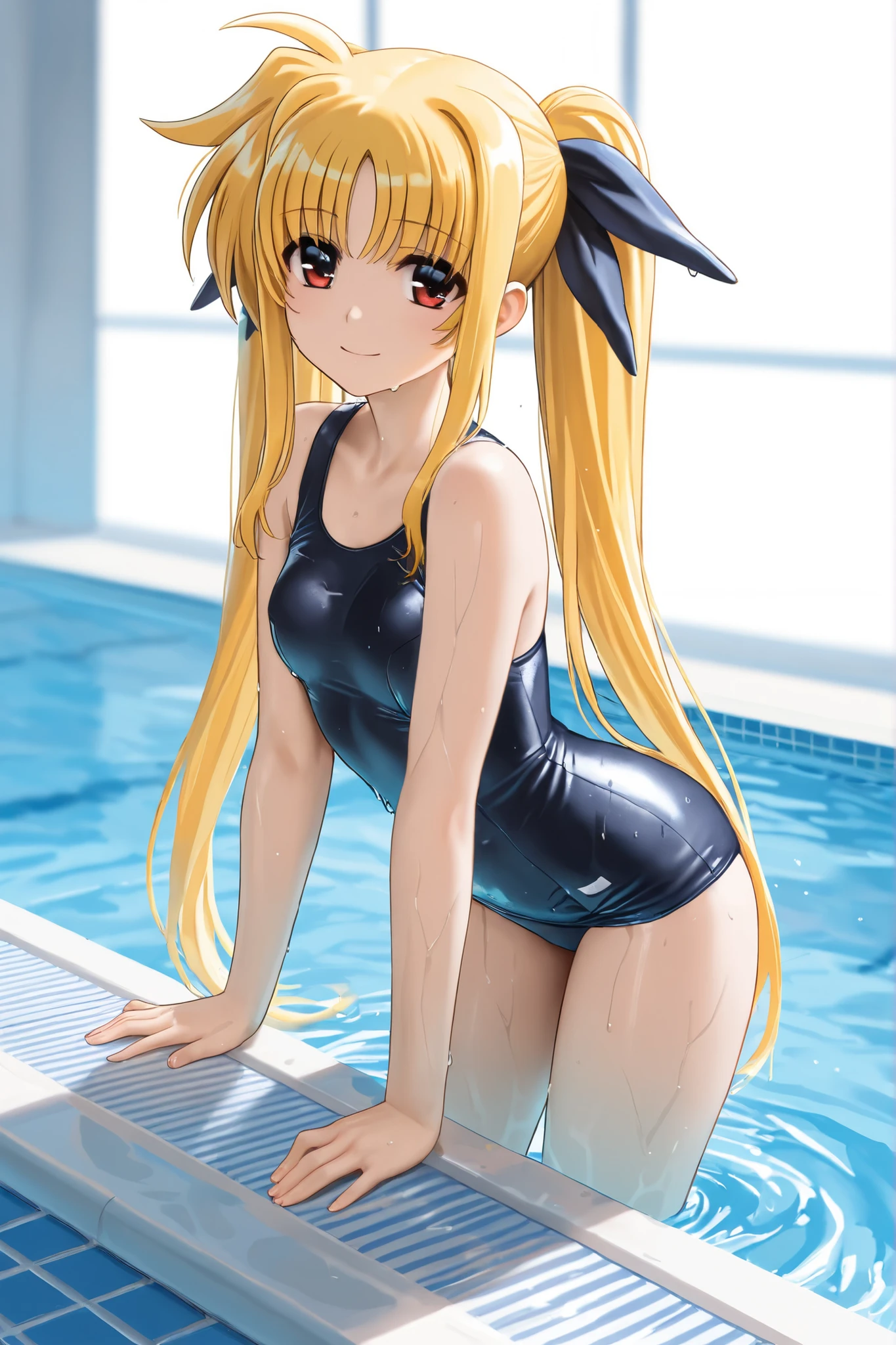camel toe:1.4、((erect nipples))、(Sweat)、(vapour)、(((long gloves:1.3)))、brown loafers、black calf length socks、Open your thighs wide to the left and right、Squat on the ground、show off your crotch to the viewer, ((latex competitive swimwear:1.3、High leg、squat, spread your legs:1.3, arm behind head ))、、absurdes、blonde straight long ponytail hair、flat lighting、elevation angle、sexy pose、highest quality、complex、surreal、perspective, very detailed, detailed background, shape、1 girl、alone、blue eyes、slanted big breasts、light smile, embarrassing, blush, ((outdoor poolside)),