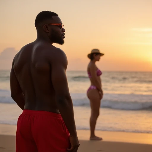 A little teenage girl, who is wearing a swimsuit, standing in the sand, with a face soaked in clear white mucus, and a black and muscular man holding his shoulders
