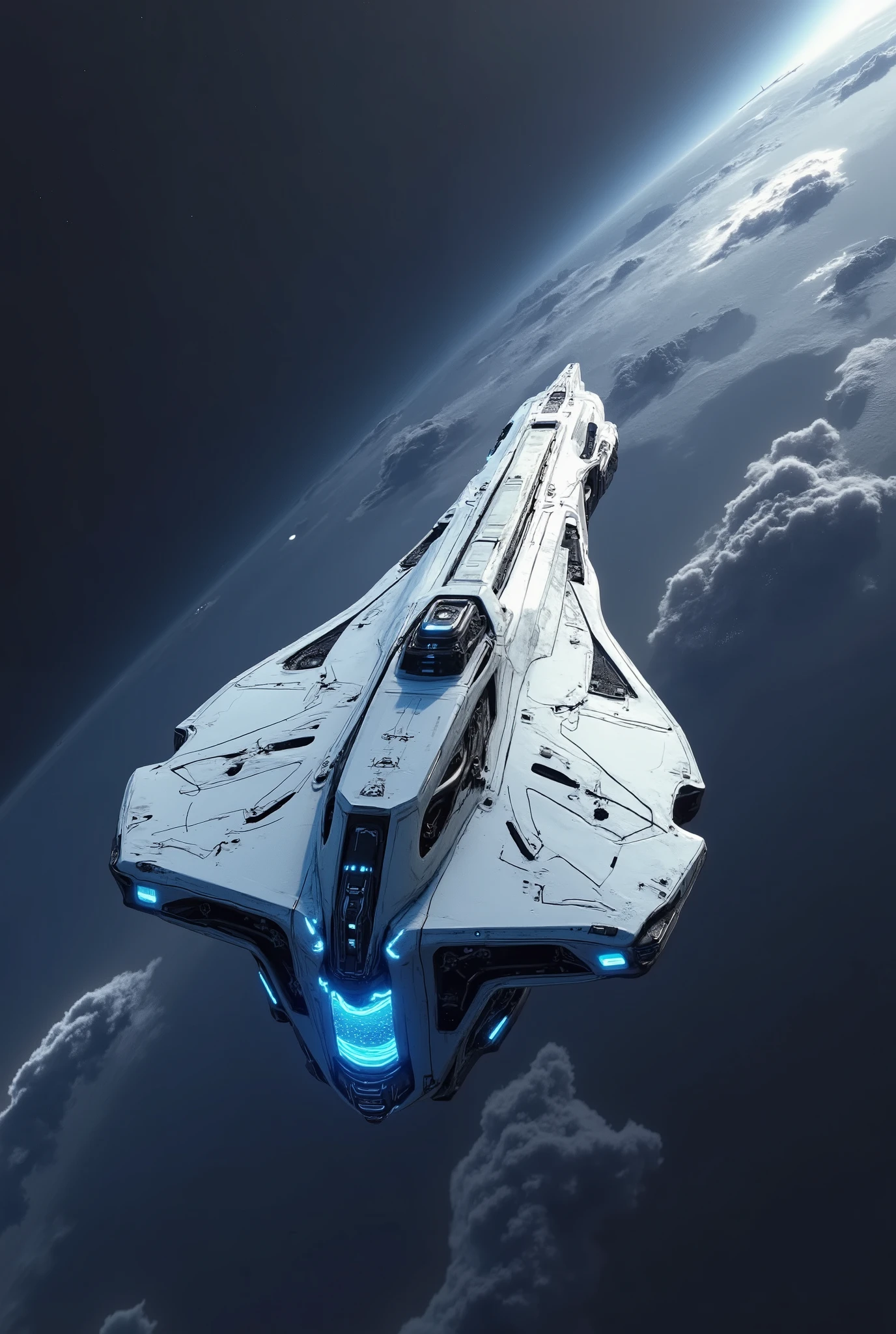 Trimeran spacecraft with outrigger nacelles and centrally located aft ion drives. Central structure is flanked by outrigger nacelles that holds the warp coils at the ship's rear third of the hull. At the rear of the ship are an array of ion drives, one large central one flanked all around by four smaller ones. The central structure is elongated spade shape but with a rounded peak at the bow. Set back from the sides of the central structure rise additional levels, including the bridge at the top. The hull is studded with phaser and plasma hardpoints while missile ports line the front edge of the ship. The hull is made from a molecularly dense alloy that provides moderate resistance to micrometeoroids. The ship is white with blue and green bands of light running the length of the hull and nacelles.