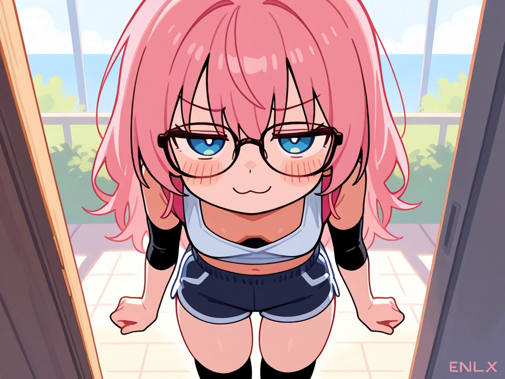 12 year old girl,slightly bigger breasts,Light blue school swimsuit,spreading legs wide,crop top,transformation,pink hair,glasses,,Cow clothes