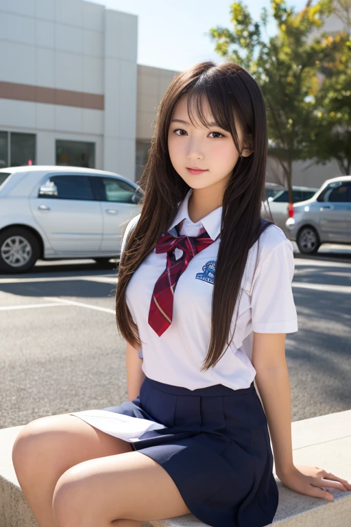 Pure Japanese school girl, sexual attractive, outstanding body, beautiful legs, shiny white skin, wearing loose uniform, panty, natural hairstyles, sweet smile, sitting on bench, refreshing in early summer morning, composition from the front,