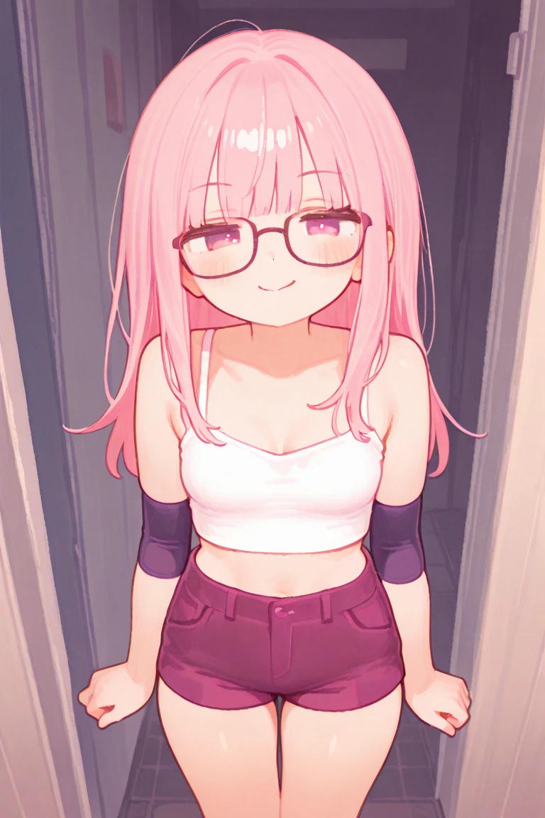 (masterpiece, best quality), 1girl, large breasts, small hips, green eyes, pink hair, tube top, crop-top overhang denim shorts, bedroom, striped thighhighs, pervert, petite, glasses, Shuz, pubic tattoo