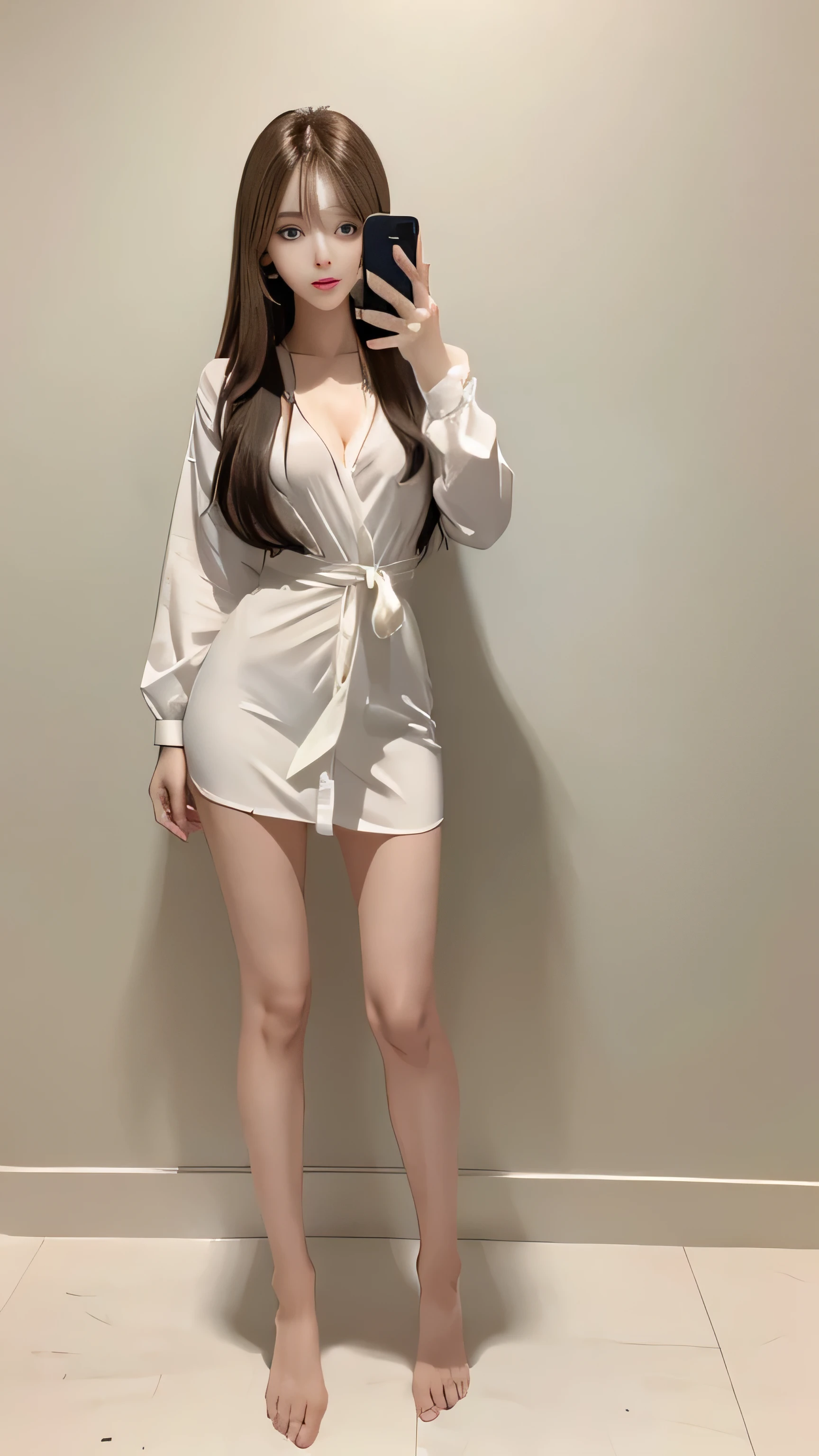 A womanstraight hair with bangs,full body shot,front view,white wall background,breast cleavage, a woman ,full body shot ,whole body shot, mods fashon,stage fashion,1998,accessories ,kawaii,brown shirts,photo realistic