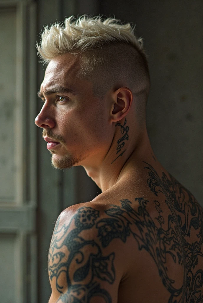 1boy, 25 years old, tan skin, white to blonde faded hair, full body tattoo, body hair, facial hair