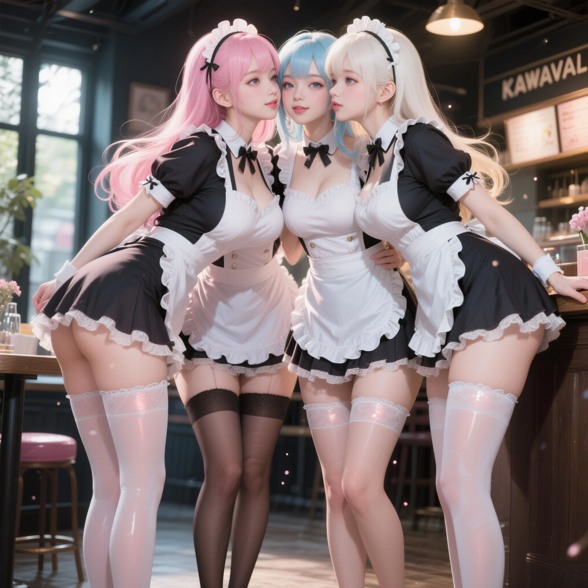 (((masterpiece, highest quality, High resolution, 超High resolution, Perfect Pixel, Depth of written boundary, 4K, RTTX 10.0, High resolution))), (Four adult women:1.3), Beautiful Anime Woman, Beautiful art style, Anime characters, ((Long Hair, bangs, Dark brown hair, Various hairstyles, ponytail, Twin tails)), ((Beautiful eyelashes)), ((Detailed face, blushする:1.2)), All four have different faces, ((Smooth texture, Realistic texture, Anime CG Style)), Perfect body, (Slender body:1.2), Beautiful and big breasts, Exact finger count、Exact number of legs、Exact number of arms, (blush:1), (Four women are walking down the stairs side by side, lifting their skirts:1.4), (Maid Headband, black and white maid outfit, Fashionable white shirt, Sailor collar, (garter belt, Black knee socks:1.4), High heels, mini skirt:1.4), Realistic, highest quality, High resolution, 非常にDetailed face, Perfect lighting, Extremely detailed CG, (Perfect hands, Perfect Anatomy), Embarrassed expression, (Staircase in a luxurious mansion:1.5), Morning sun-like lighting, whole body, ((Stylish and sexy shiny satin panties, Stylish lace side-tie panties, Panties with a simple plain center and lace decoration on the sides, Panties with different designs for everyone, White panties, Dark pink panties, Dark Blue Panties:1.2)), Angle from the front、(Beautiful and thin thighs:1.2), All about the same height, Feeling embarrassed