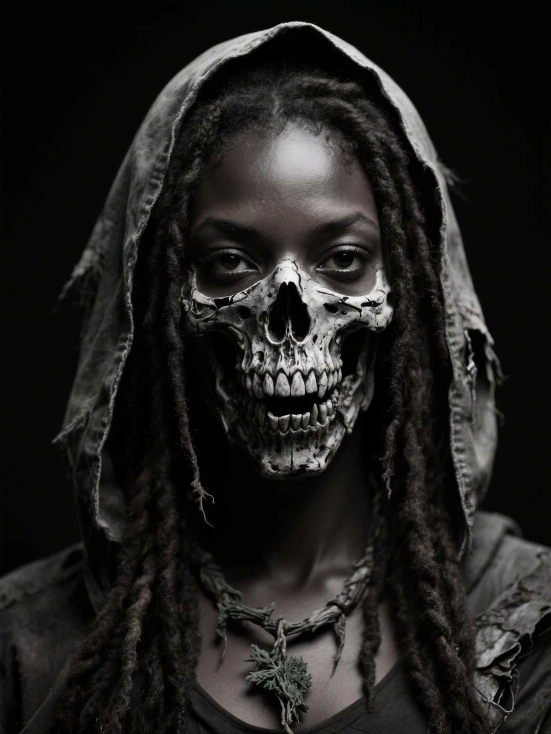 Design me a moon that says 12 MOONS in handwriting next to a character with a skull mask with 4D braids

