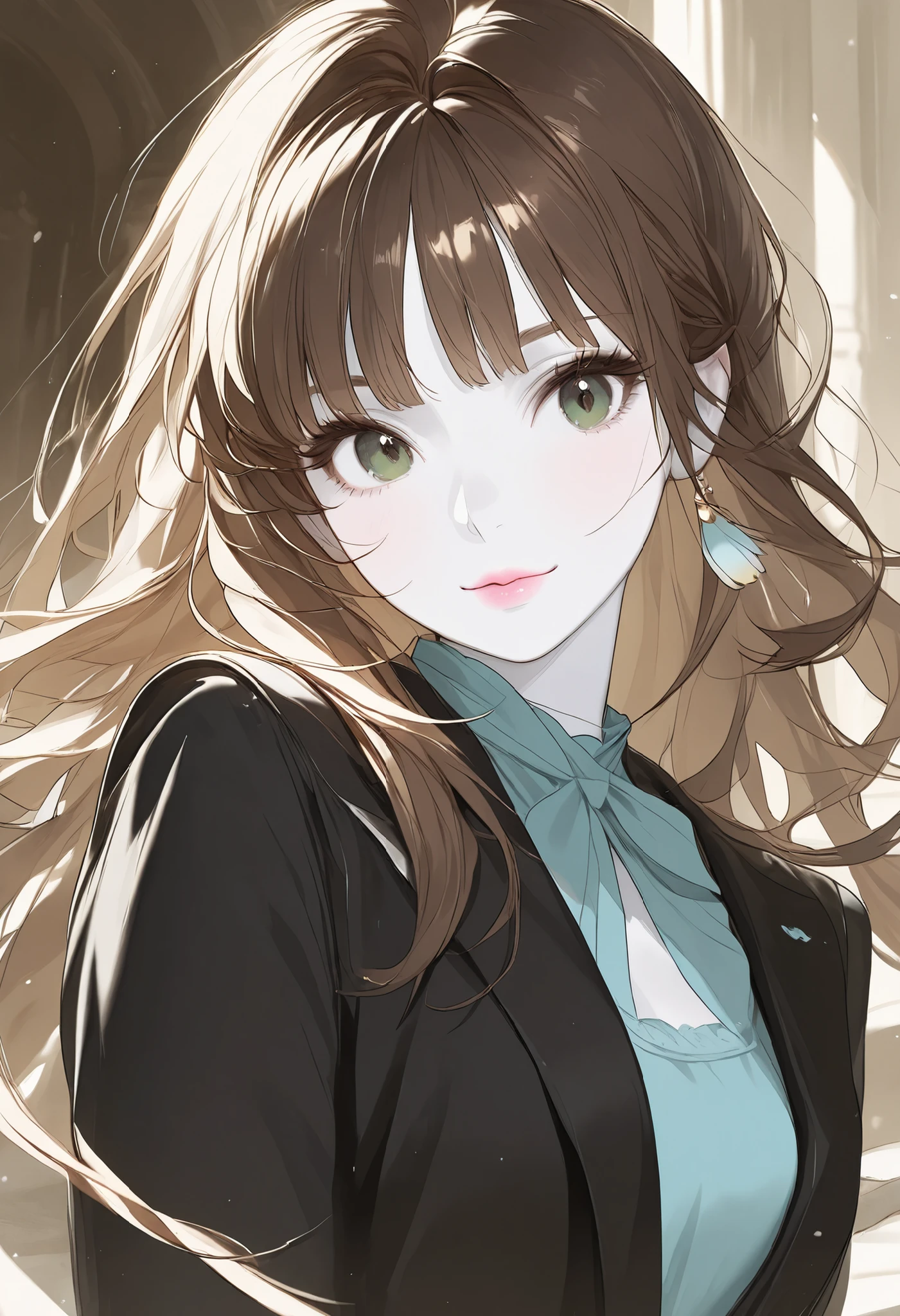 Girl, long straight brown hair, dark green eyes, sharp calm features, white skin, light pink lips, beautiful, perfect, elegant, wearing a blue shirt, black formal jacket, bright and clear colors, high quality resolution.