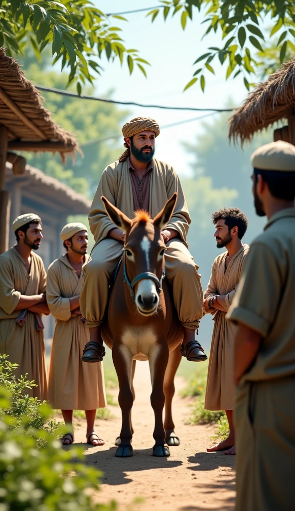 In this photo, a Muslim man is carrying his wife and son on horseback through a village