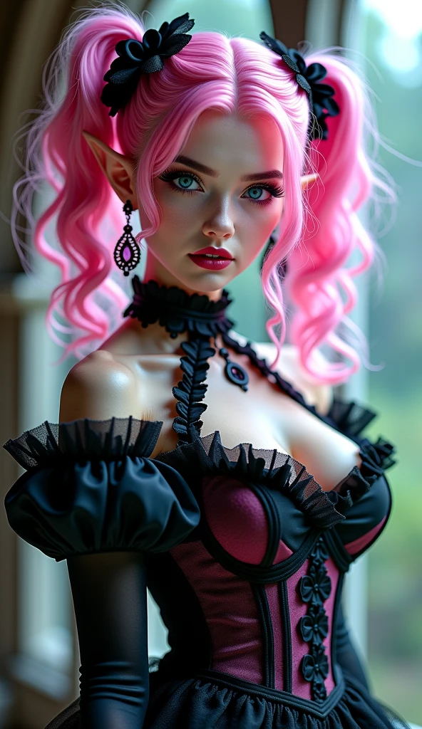 a pin up picture of goth (Elf: 1.4) (Live like Barbie: 1.5) as a dominatrix queen (best details, Masterpiece, best quality :1.5), ultra detailed face (best details, Masterpiece, best quality :1.5), ultra feminine (best details, Masterpiece, best quality :1.5), wearing latex pink mini dress, pink stockings, pink high heels, small elf ears, long braided hair, hair pulled back, blond hair, modern bedroom background (best details, Masterpiece, best quality :1.5), ultra best realistic pictures , best details, best quality, 16k, [ultra detailed], masterpiece, best quality, (extremely detailed), ultra wide shot, photorealism, depth of field, hyper realistic painting