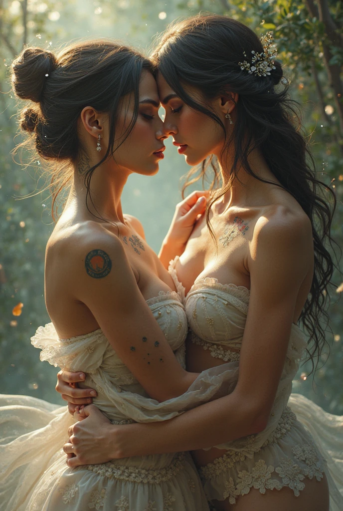 wide-angle, full-shot, 2girls, lesbian sex, with a 10 year age gap, embracing each other tightly, showcasing their feminine sensuality and body diversity. The girls have medium-sized breasts with fully erect big nipples brushing against each other and possess a sense of ethnic charm punctuated by their distinctive (( body tattoos ):1.22). Their faces radiate passion and desire as they explore their sexual pleasure together. They exude femininity and pure wild sex. One cups the other's breast who touches her lover's trimmed pussy while each woman's (( detailed eyes )) take in the sight of their one love as their mouths, mere inches apart, noses touching, gape with fascination and open mouthed anticipation. The atmosphere is filled with an air of romance and eroticism, as their open vulvas pulse with their wild heartbeats as their passionate connection and horninesstakes hold like an inferno. They make each other's pussies streams for their hot juices and long to lick each other clean. The artwork is a masterpiece, the most exquisite and breathtaking depiction of sapphic love and lust, created with the highest quality and resolution (best quality, 4k, high-res, ultra-detailed, realistic:1.37, explicit, hypersexual:2). The scene is bathed in vibrant colors, accentuating their burning desire and the violent flood of their climax. The lighting is ethereal, casting a soft glow on their bodies, further enhancing their beauty and intimacy.