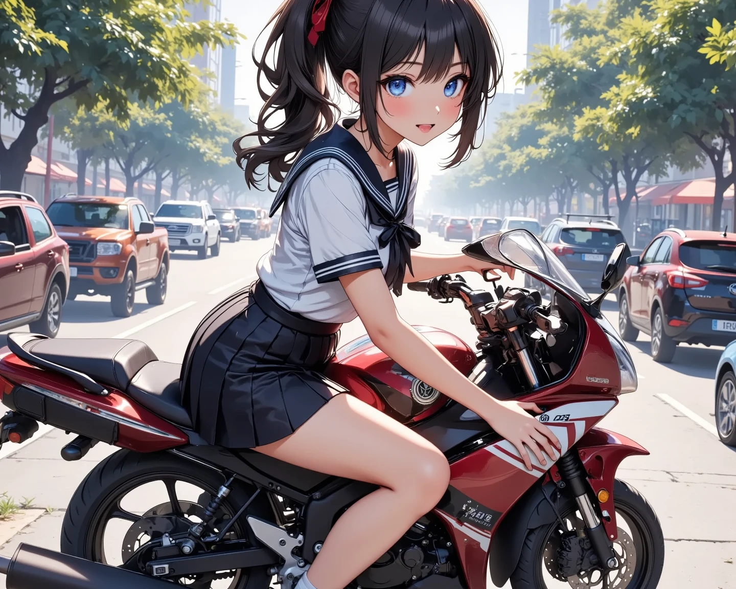 Japan schoolgirl riding motorcycle,super mini skirt、white panties、Happy!!!, , motorcycle,[ realistic pictures ]!!, High resolution,No sleeve、white panties