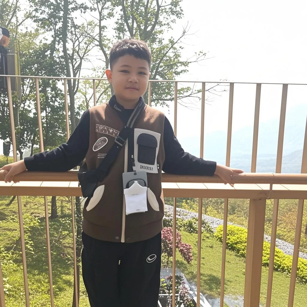 The Alafed boy stood in front of the fence,There are no climbing signs, ???, Stand in front of Mt, time to climb the mountain path, like jiufen, Gamine, kiddy big breasts, 2 years old, moutain in background, With a Chinese temple, in a scenic background, He is! about 3 0 years old