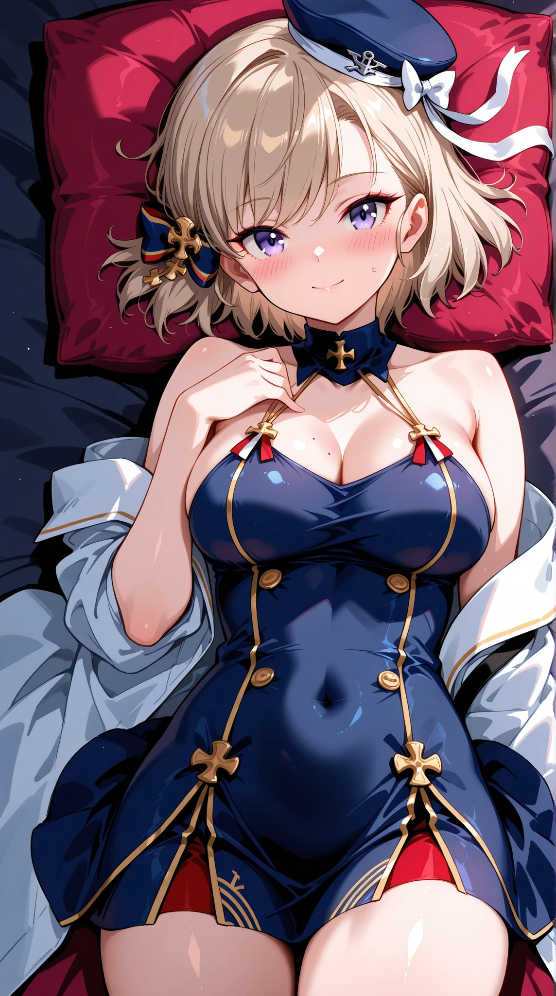 1girl,Sexy pretty girl,shiny blonde hair, Bobcut,curly hair、Dog ears、Red sparkling eyes、detailed cute eyes,(glowing eyes:1.4),laugh heartily,((Droopy eyes)),22 years old,posing,skinny body shape,short of a person,smiling open mouth,flushed cheeks,white silk Clothes shirt, sparkle, flowing transparent white,Lying down、Golden Room、pearls choker,sensual pose,