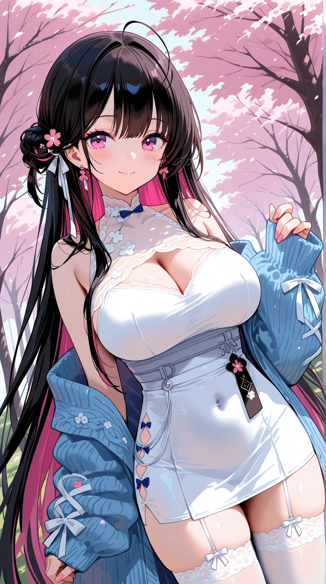 (masterpiece, best quality:1.2), sweater, short skirt, Eyes are very delicate, beautiful girl, long hair, Under the cherry blossom tree, Sakura petals are flying all over the ground, tits, Overmuch, big and droopy, big tiara, ((best quality)), ((intricate details)), ((Surrealism))(8K)