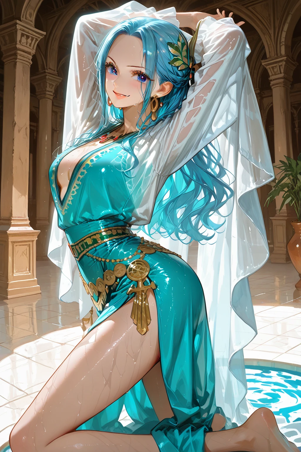 Masterpiece, ((Ultra detailed backgrounds, Delicate pattern, intricately details)), (Highly detailed, Fine details), Best quality, 1girll, Long hair, cleavage，Large breasts，Off-the-shoulder attire，Blue hair, Solo, jewelry, Earrings, pony tails, hair adornments, necklace, sky, Blue eyes, complex detailed background, outside, Sunny, desert town environment,  hair lift, with hands behind her back, Smile,sexyposture