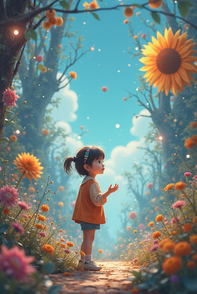 a masterpiece of，high qulity，grass field，The blue sky and white clouds，Big sun，grass field，grass field，trpical garden，florals，himawari，An 8-year-old girl，Rich graphics，