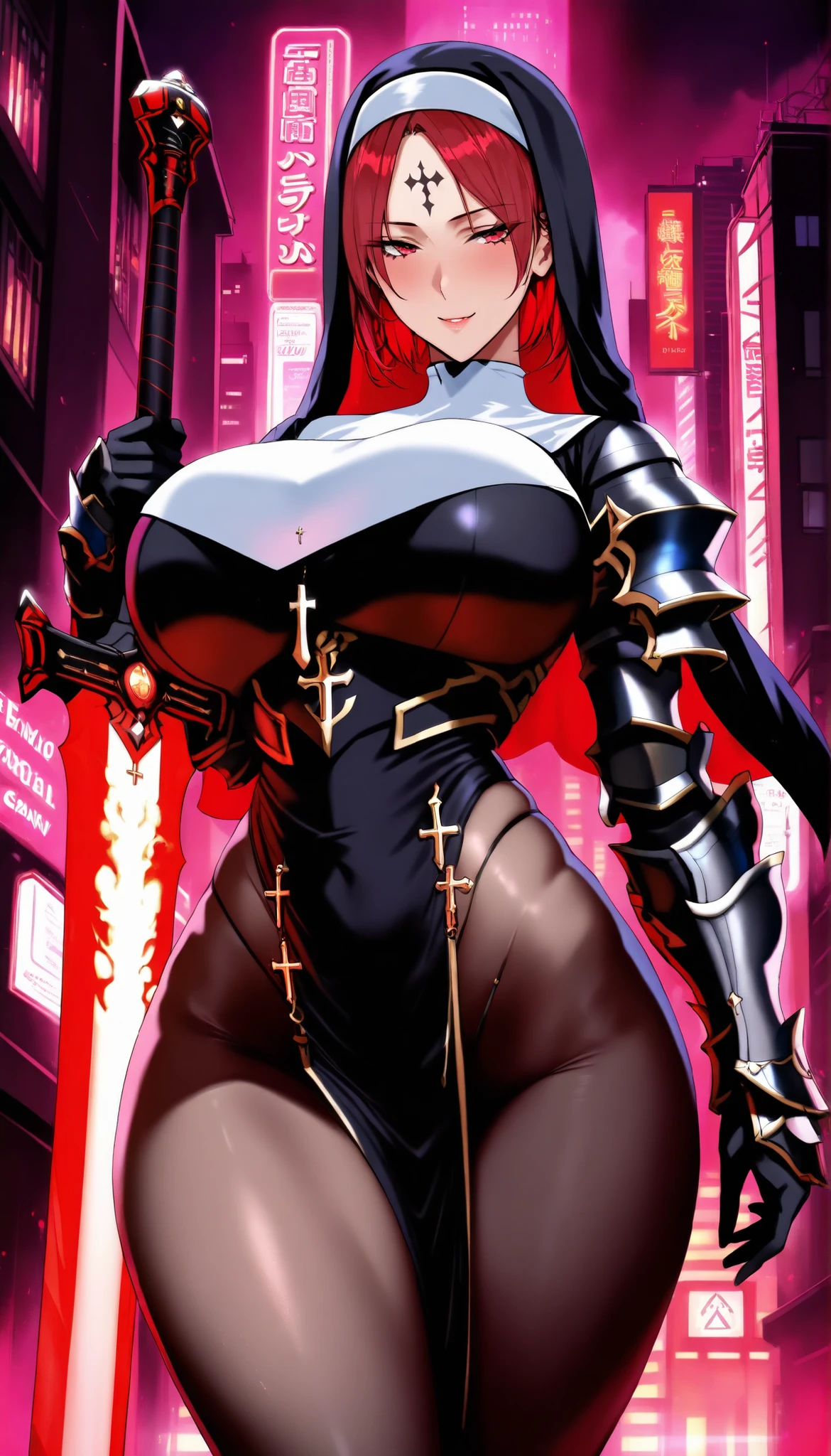 SOLO,Cyberpunk city background, A Female with a slim body(Nun),Huge oppai,(Red short hair,parted bangs ),(forehead cross tattoo),Wearing a sleeveless Nun Dress,Knight Armors,Nun headdress,((Shoulder Armors)),Arms Armors,(Black pantyhose:1.4),(((Thighs Armors))),((Legs Armors)),Black pantyhose,(Carrying A Flame Great sword with Red Cross),Open pose,seductive smile,Cowboy Shot, at night, Dim neon lights, UHD, masterpiece, anatomically correct, textured skin, super detail, best quality, highres, 16k, 1080P