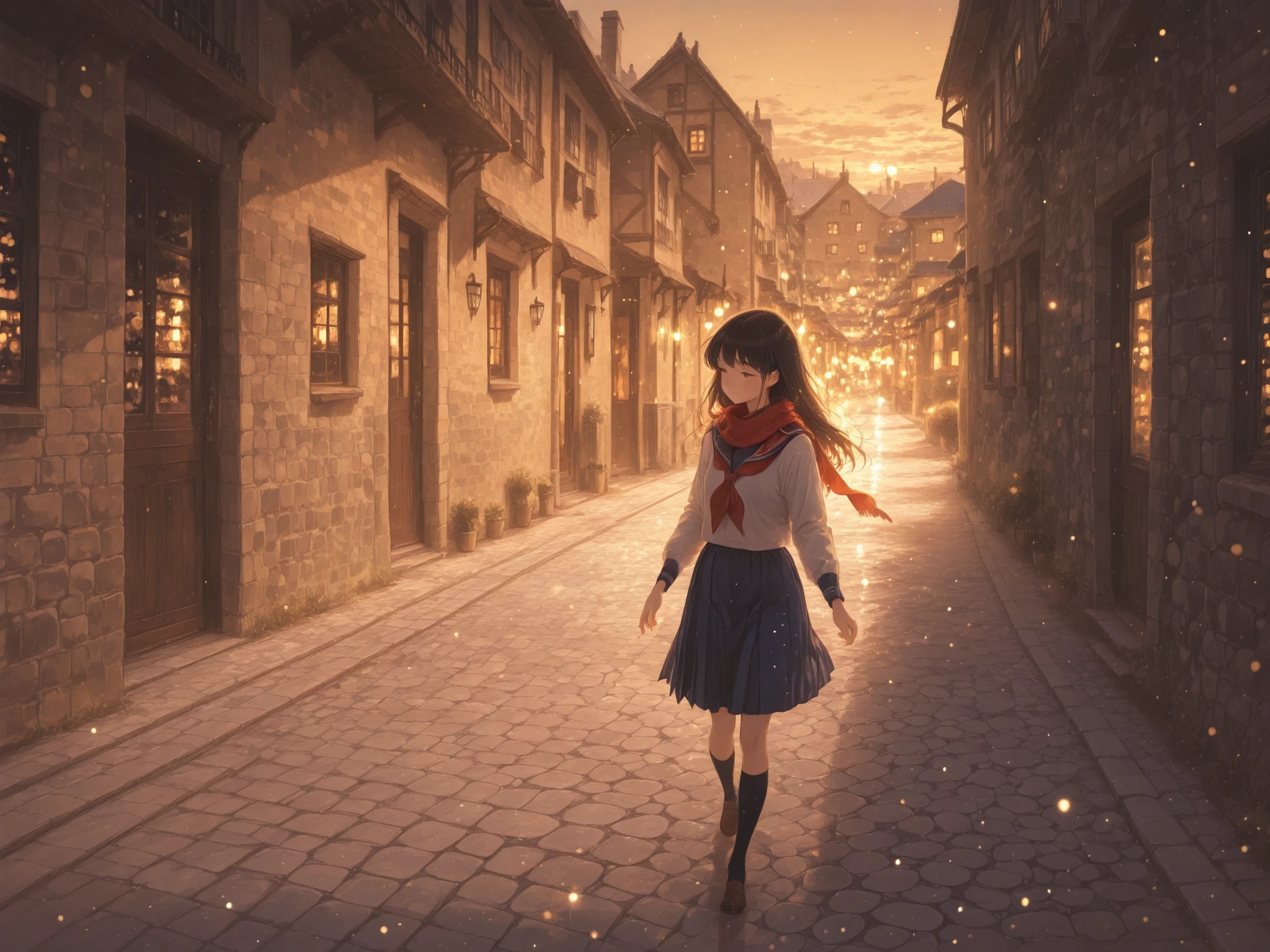 An anime-style illustration of a schoolgirl walking alone along a cobblestone street at sunset. She wears a traditional Japanese sailor uniform with a red scarf and navy blue skirt. The street is lined with quaint, European-style buildings made of stone and wood, softly glowing in the golden evening light. Her long hair sways gently as she walks, surrounded by a peaceful, nostalgic atmosphere. The warm colors and subtle sparkles in the air enhance the dreamy, serene mood of the scene.
