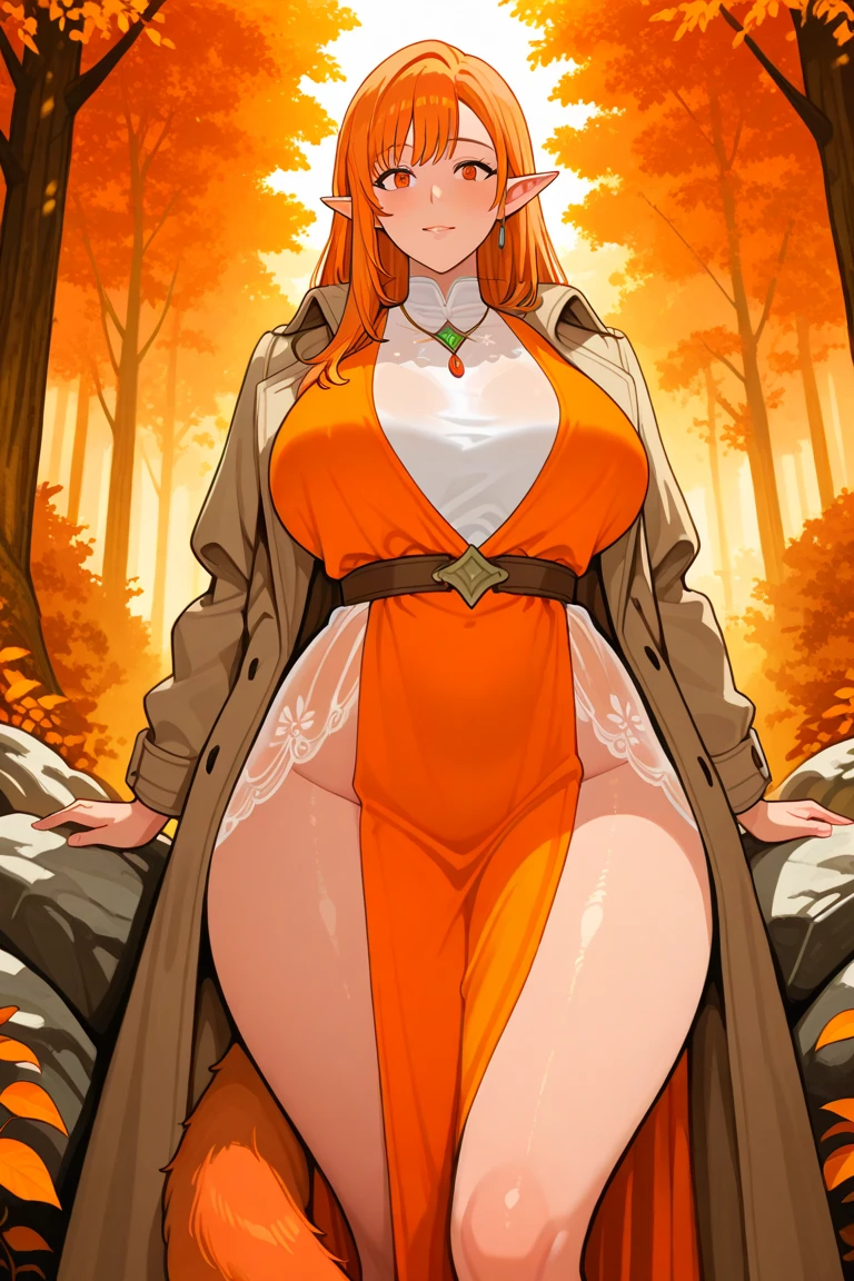 Processus, cheveux orange, grosse poitrine, cheveux longs, cheveux vivants, , seul,, Muscular girl, Grande femelle, sourire, corps entier, pantalon, Ouest, Berserker, guerrier, revealing clothes, amazone, tribal clothing,kimono, moine, bear ears,, walking, alone, forest, full body, flip flops