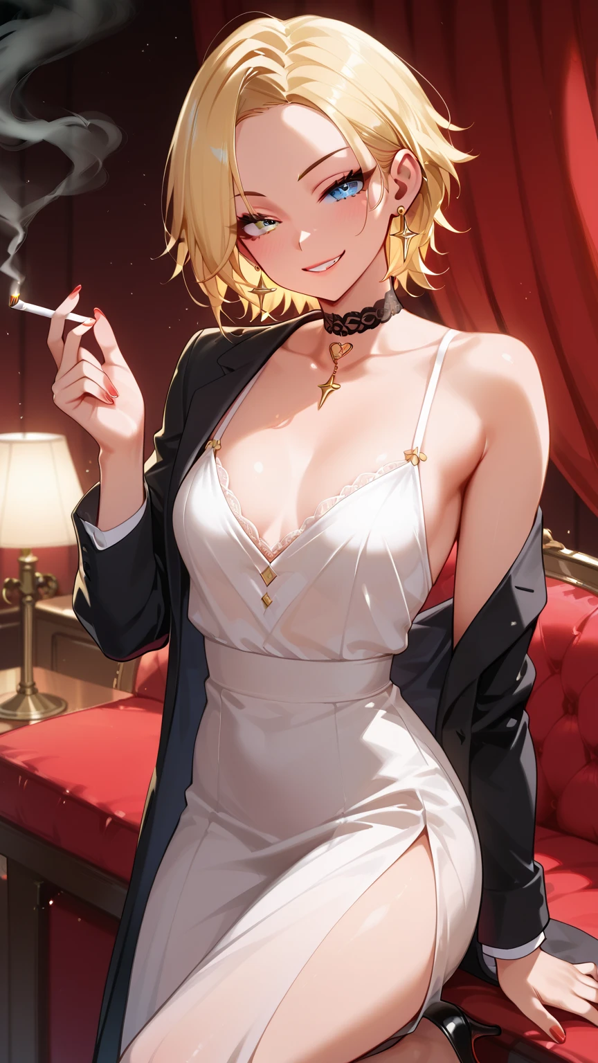 ((((masterpiece, best quality, high resolution)))), 1girl, white hair, purple eyes, short wavy hair, average breasts, blush, light smile, parted lips, glow, thighs, bare shoulders, collarbone, narrow waist, cleavage, (beautiful detailed face, beautiful detailed eyes), (revealing clothes:1.0), (breasts curtain, sideboobs, plunging neckline, backless satin mini dress, high slit cut, revealing, silver necklace, hair ornament, earrings), night sky, night light, fancy jazz bar, glittery dress, holding champagne glass