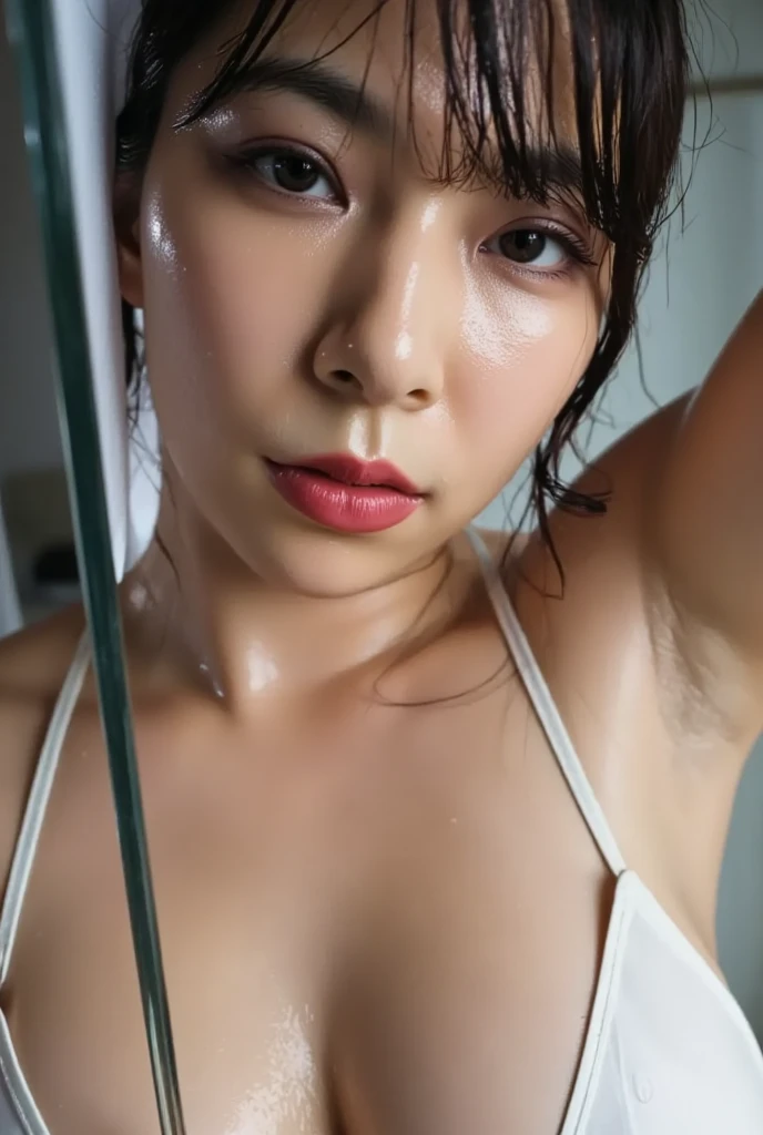 (Top Quality, 4K, Masterpiece: 1.3), Beautiful Woman, Woman 1 (Breasts, Attractive Body: 1.2), Abs: 1.1, Dark Brown Hair: 1.1, (Wet Body, Wet Body: 1.2), Ultra-Detailed Face, Detailed Lips, Detailed Eyes, Double Eyelids, Bathroom
