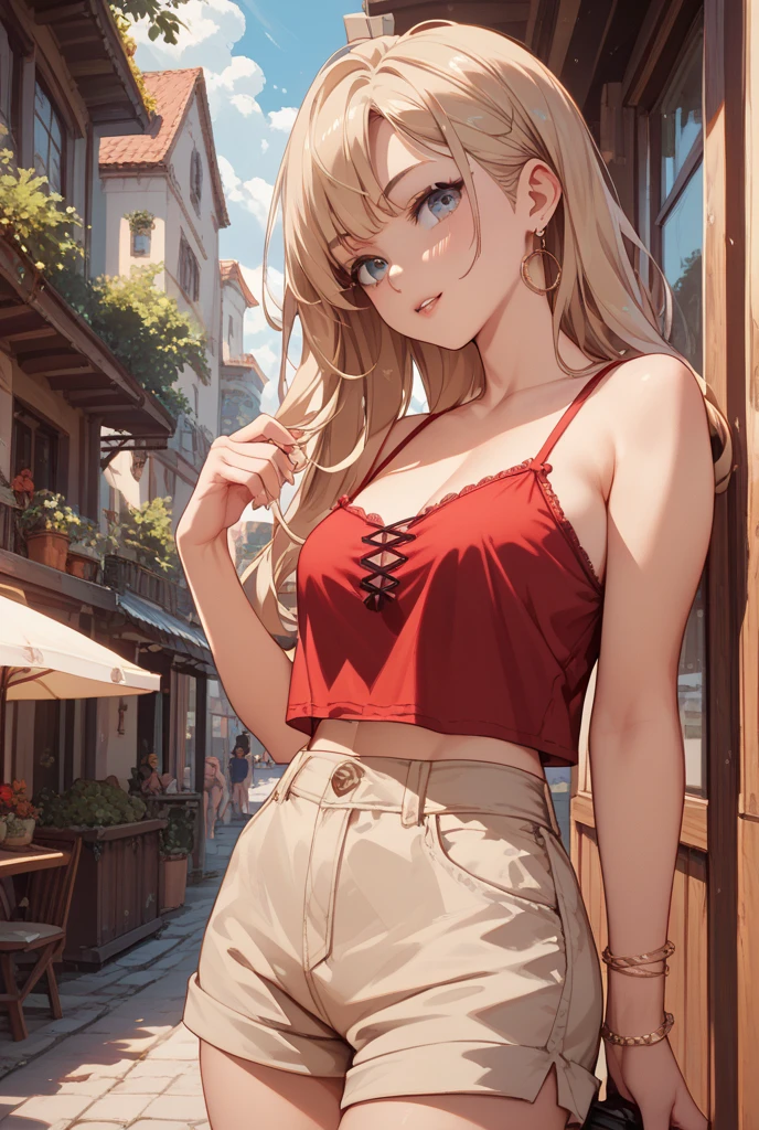 1girl, solo, halfbody, eli ayase, yellow hair, blue eyes, ponytail, hair ribbon, blue ribbon, red tied shirt, navel, red tube top, strapless, bare arms, bare neck, bare shoulders, long jeans, belt, summer, street
