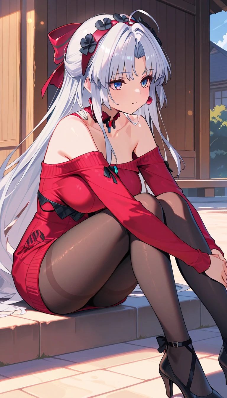 masterpiece, highest quality, High resolution, Bjorf, long hair, white hair band, red eyes, gold earrings, big breasts, jewelry, off shoulder, red sweater, sweater dress, long sleeve, black pantyhose, from below, spread your legs, sitting, panties